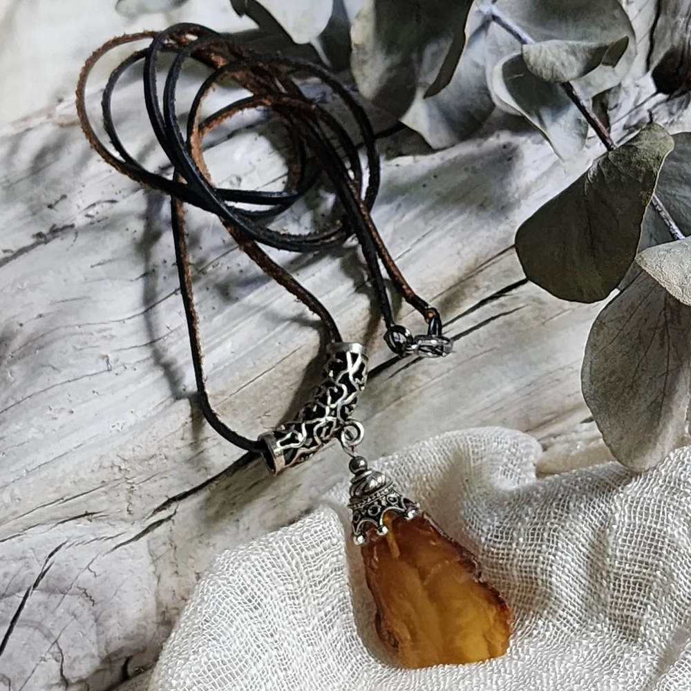 Amber Jewelry Boho Tribal Talisman AMBER NUGGET PENDANT Genuine Leather Cord